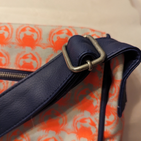 Sarah Watts crabby orange pattern messenger bag with blue leather strap - Picture 11 of 15
